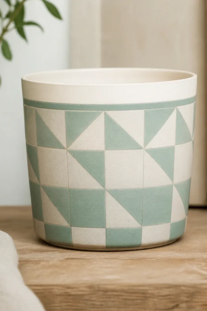 A pot with a seafoam base and off-white geometric shapes: small triangles and rectangles stacked like a quilt. The rim is painted off-white with a thin seafoam line just below.