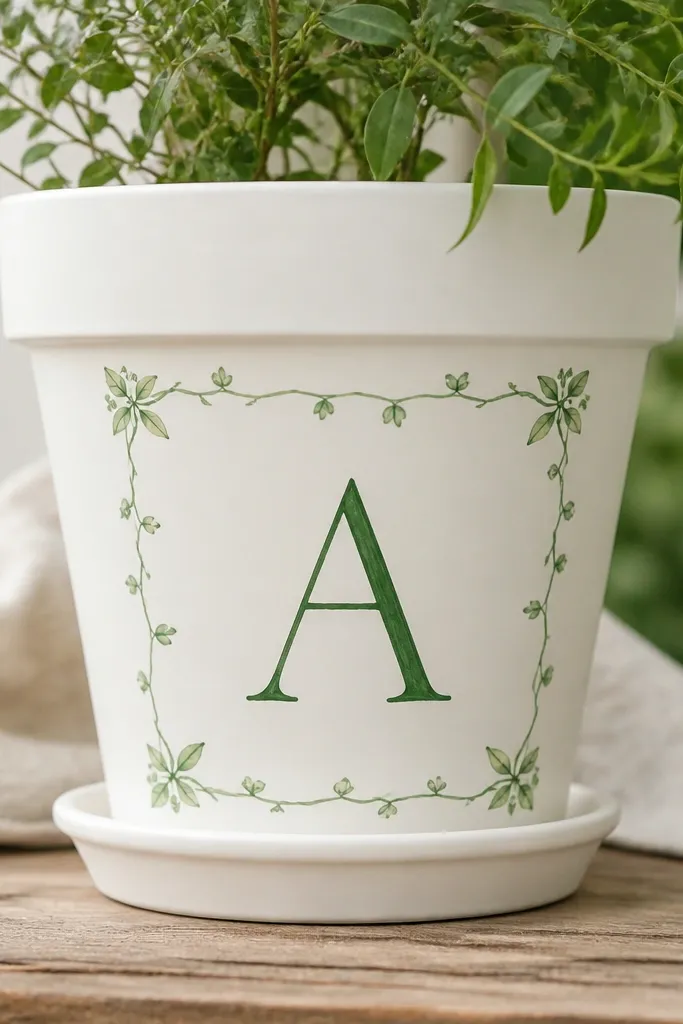 A white pot with a hand-painted dark green initial near the center. Around it is a delicate vine border drawn in lighter green, with small leaf buds at the corners.