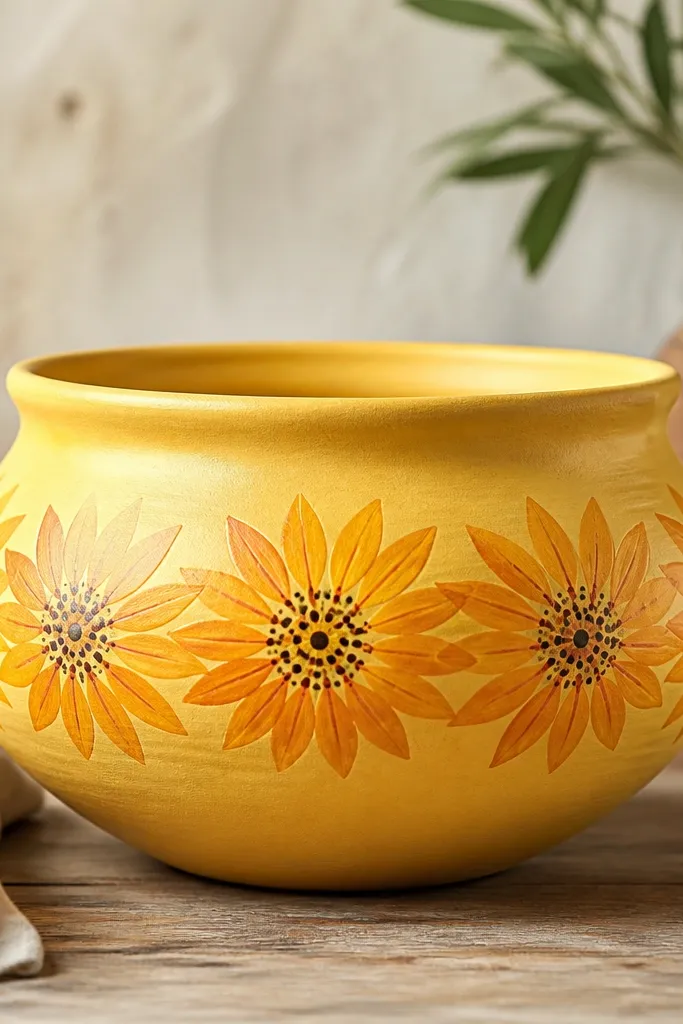 A yellow clay pot with a ring of sunflower petals painted in warm gold and orange around the midsection; the center has a dot cluster.