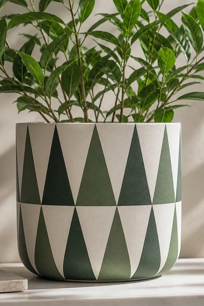 A pot painted matte off-white with alternating emerald green and forest triangles arranged in a vertical repeating pattern; triangles line up across sides.