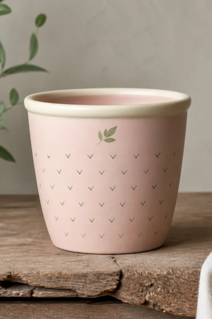 A blush pink pot with a repeating small green check pattern on one side only. The rim is painted pale cream, and a tiny painted leaf sits above the check area.