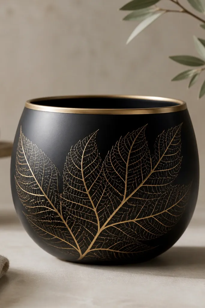 A matte black pot with a soft gold rim. On the body are gold leaf-vein lines that spread like a fern, with no solid gold fill.