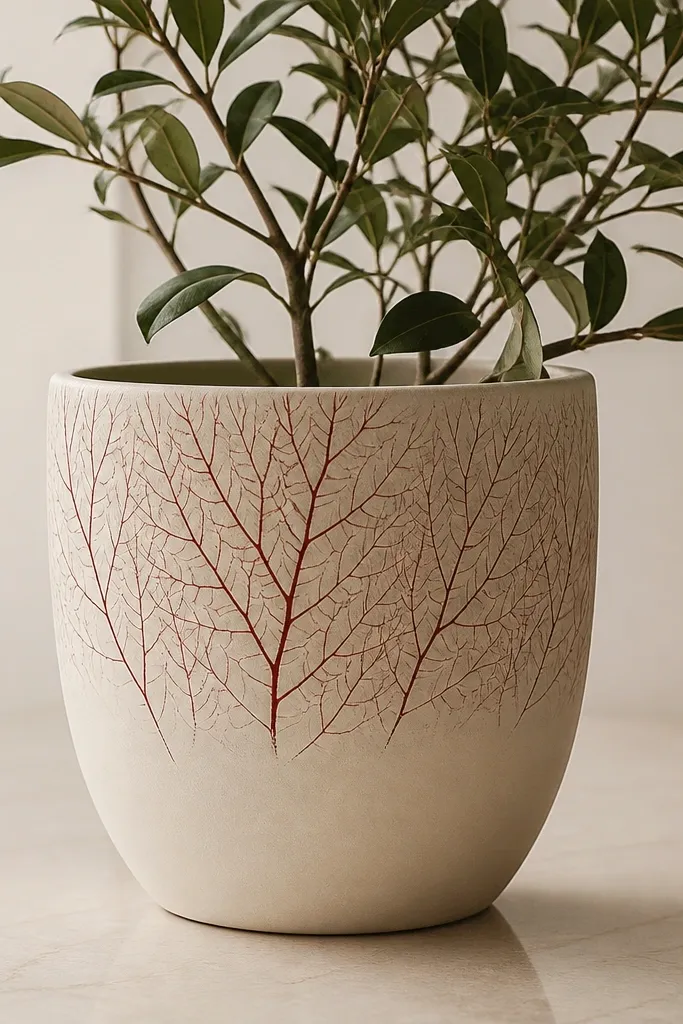 A cream pot with burgundy vein lines branching like a leaf skeleton; the veins fade outward and stop before the bottom third.