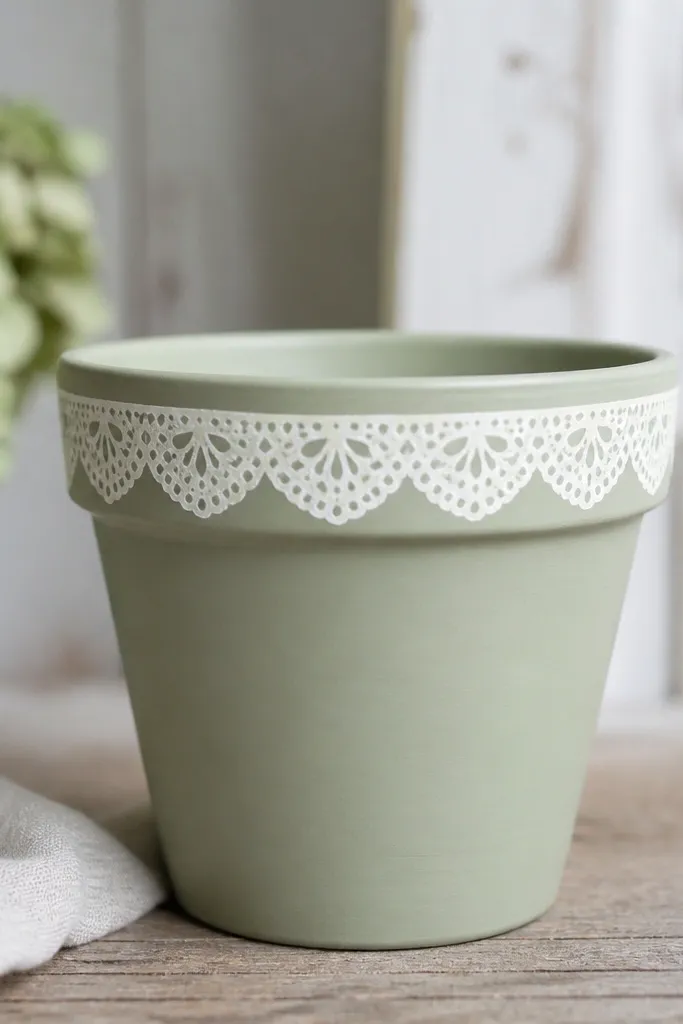 A sage green pot with a white lace-edge border painted around the rim like a doily; the border has small scallops and tiny dots.