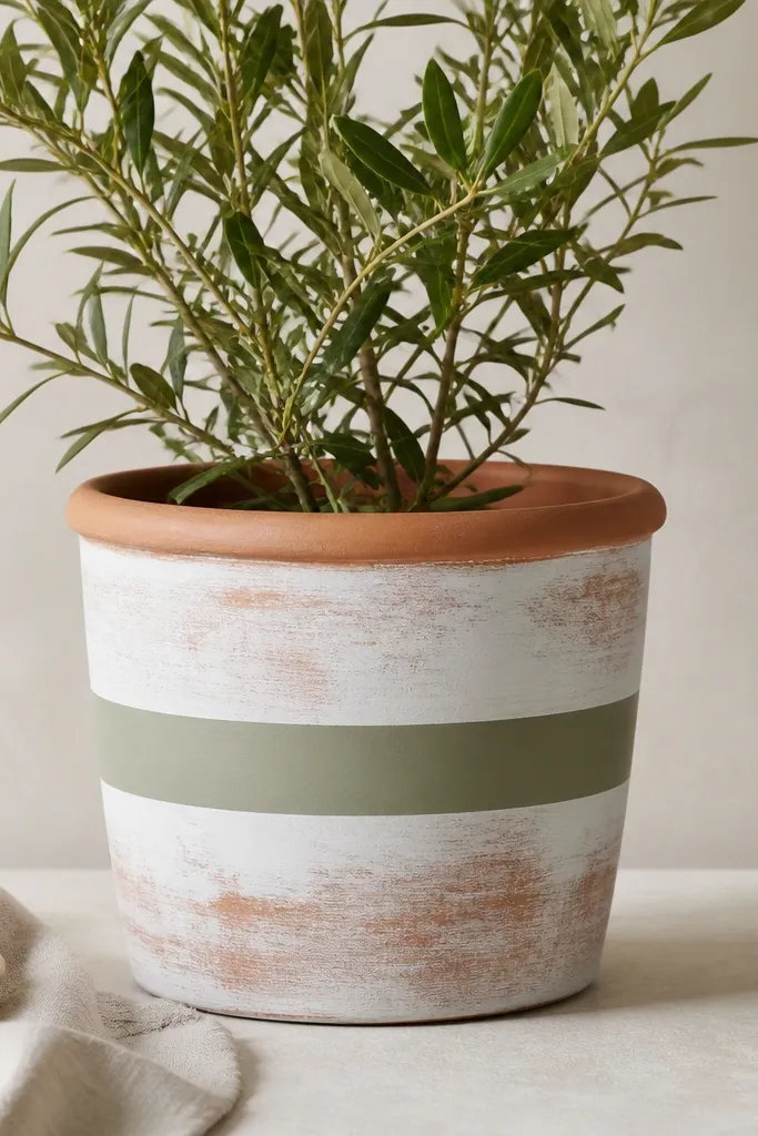 A pot that looks like whitewash over terracotta: uneven semi-opaque coverage. A clean sage band sits around the midsection, and the rim stays terracotta.