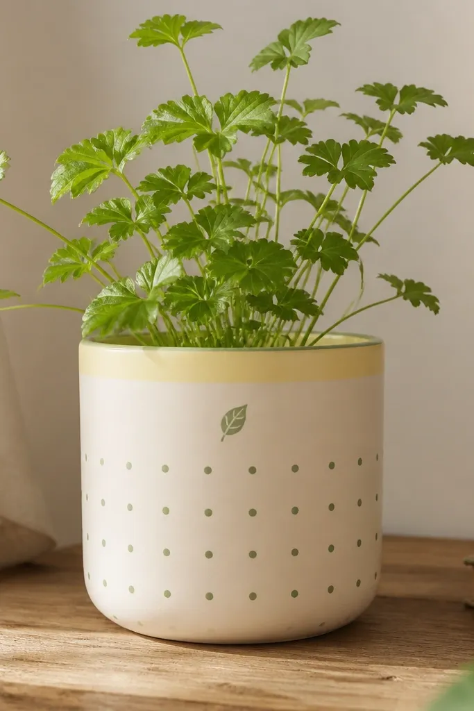 A butter-yellow rim on a pale cream pot. The body has neat rows of small spring green dots, and a single tiny leaf icon is painted near the top.