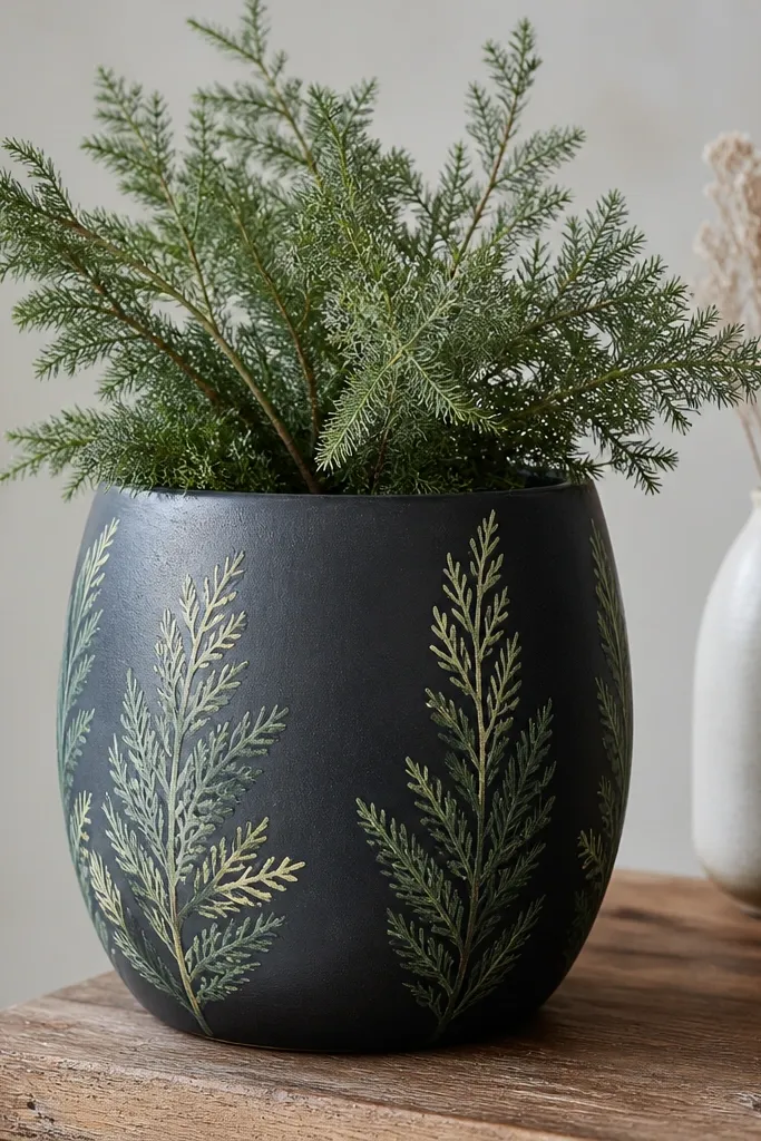 A pot painted deep charcoal with repeating evergreen sprigs in muted green and pale lime; sprigs wrap vertically along both sides.