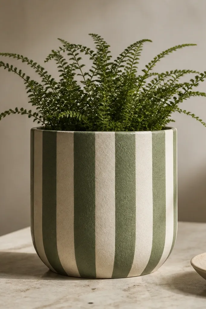 A pot with vertical stripes in pale cream and moss green. At the top, tiny fern tips branch outward in dark green, like a crown.