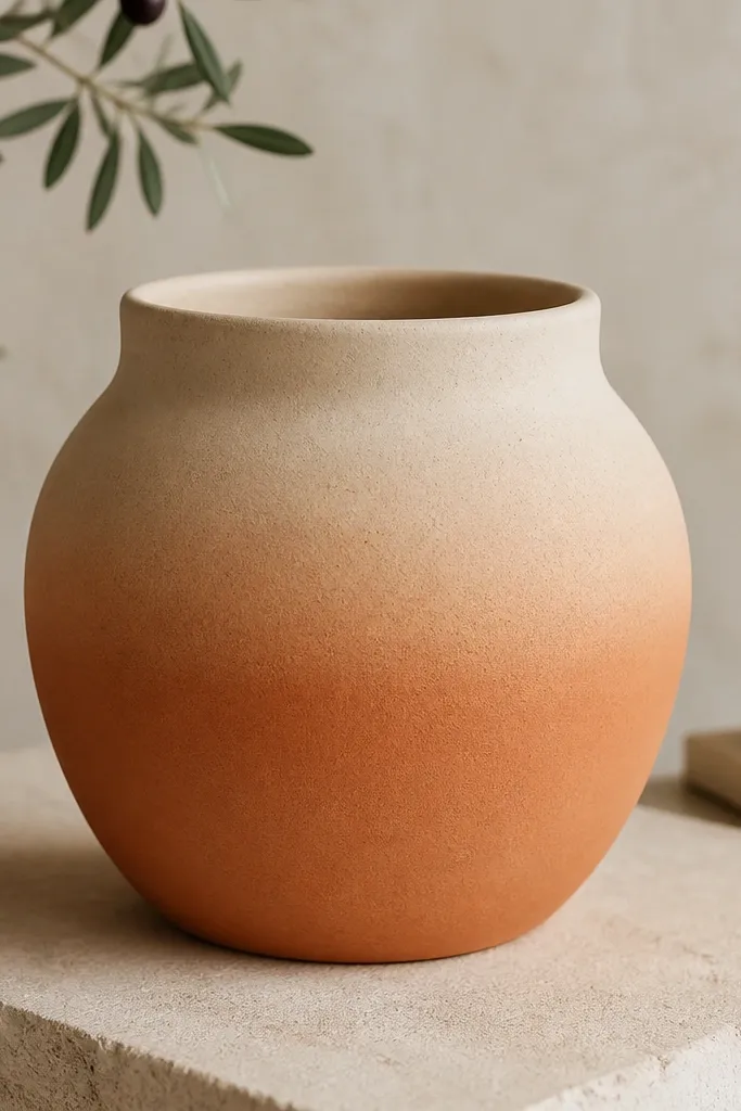 A terracotta pot with a cream top third that fades smoothly into deeper terracotta toward the bottom; the transition is soft and even.