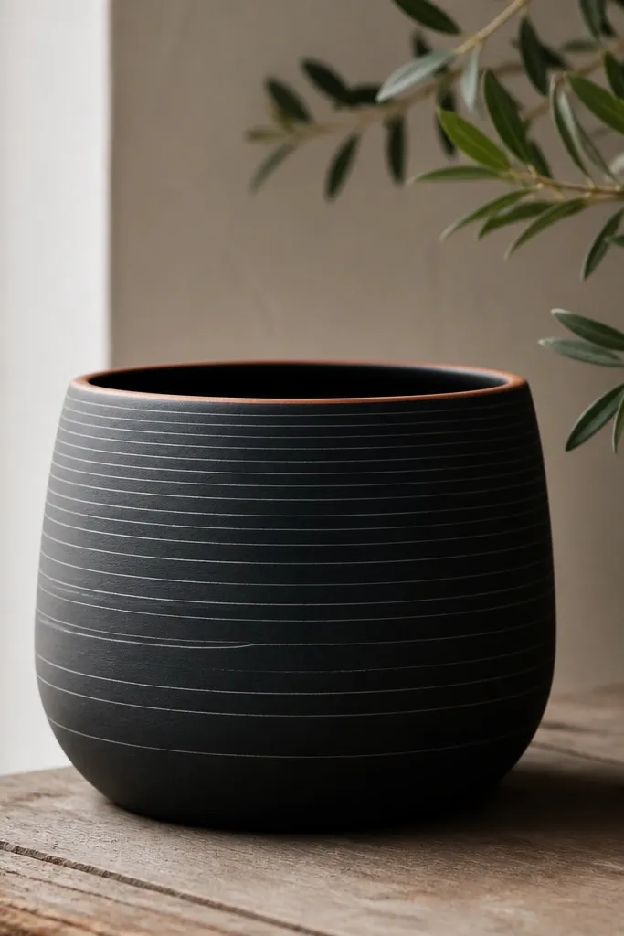 A pot painted matte black with thin gray horizontal stripes; the rim has a narrow terracotta edge line.