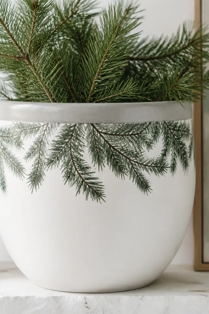 A white pot with a band of pine bough branches painted in deep green across the top third. The branches have tiny needle strokes, and the rim is painted a soft gray.