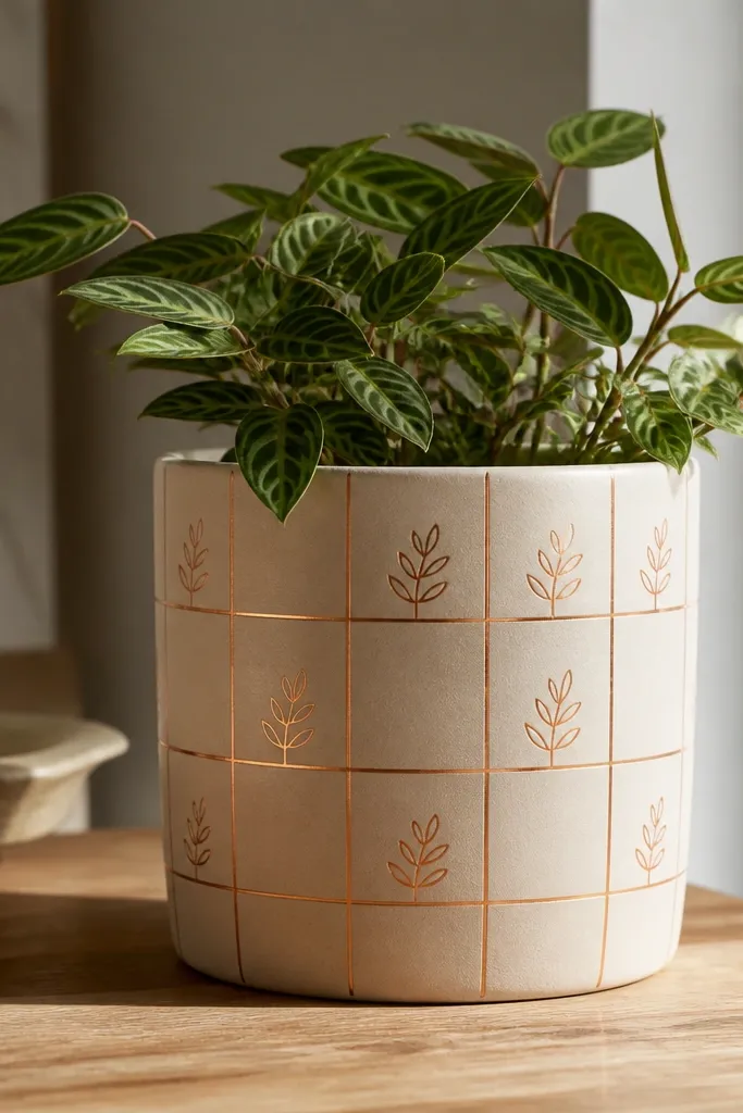 A light beige pot with thin copper paint linework forming a grid and small leaf doodles in the squares; the copper lines catch light.