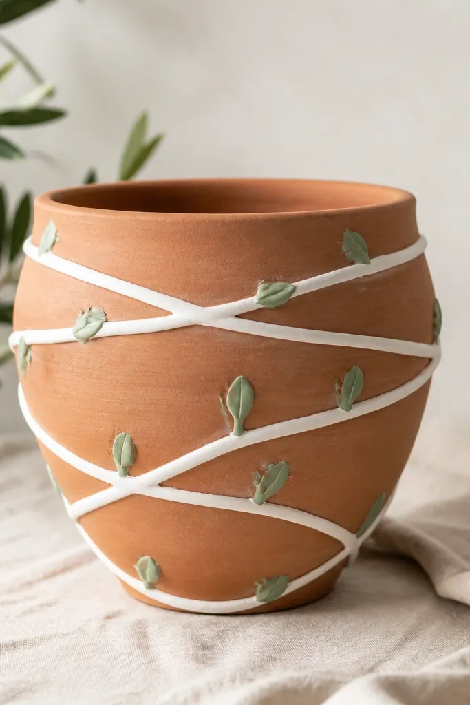 A mostly terracotta pot with a white vine wrap that spirals around the body. The vine has small leaf buds painted in a pale green, and the rim is left terracotta.