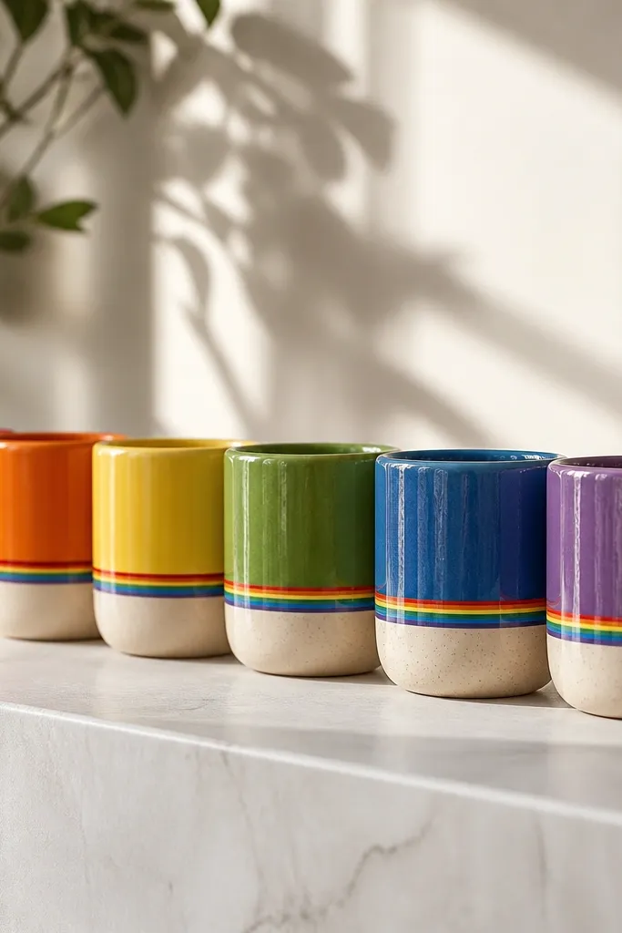 A row of small pots each with a single thin horizontal rainbow microband: one pot is red, another orange, another yellow, and so on; all have matching cream bases.