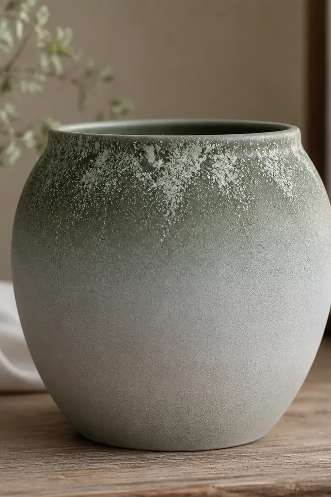 A pot that fades from darker sage at the top to silvery gray toward the bottom. Near the top rim are soft speckles in white and pale green, like frost.