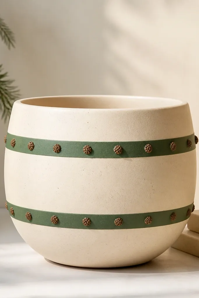A pot with a matte cream base, two pine green horizontal bands, and brown speckle shaped like tiny pinecone bumps around the bands.
