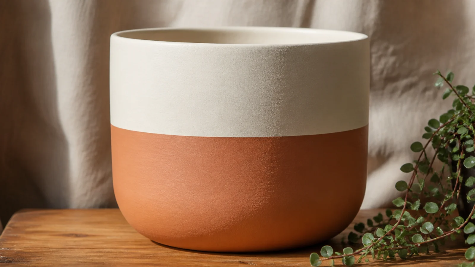 A pot painted with a crisp two-tone color block, cream on top and terracotta below, divided by one perfectly clean, sharp line.