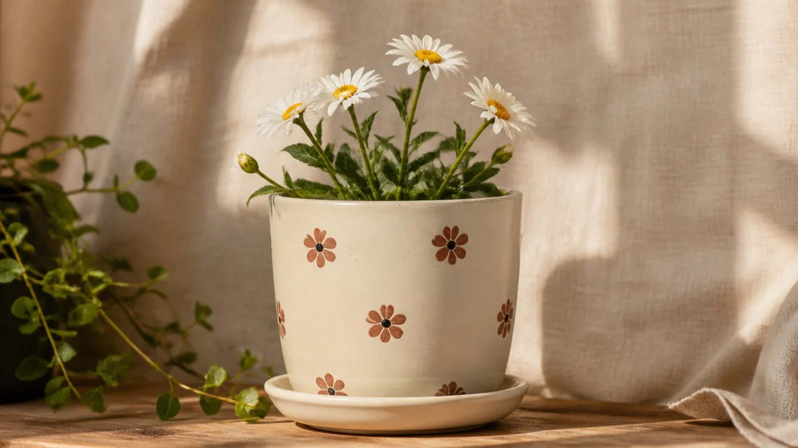 A cream pot with just a few well-spaced five-dot daisies and generous bare space around them, looking calm and intentional.