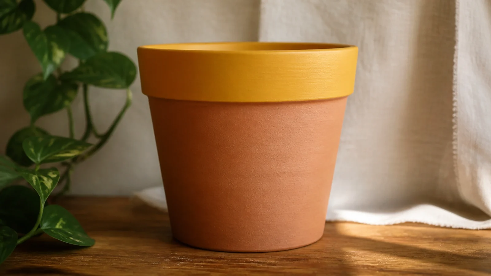 A natural terracotta pot with only the flared top rim painted a bold mustard, the raw clay body left bare as a clean accent.