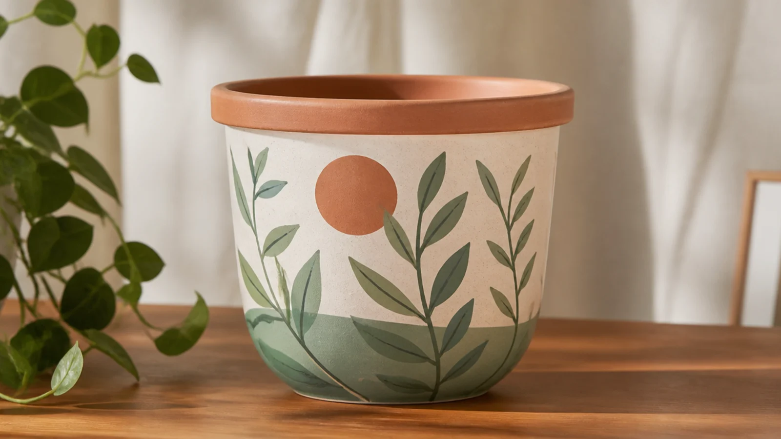 A coordinated group of three pots in sage, dusty blue, and cream sharing one terracotta accent, looking like a planned matching set.