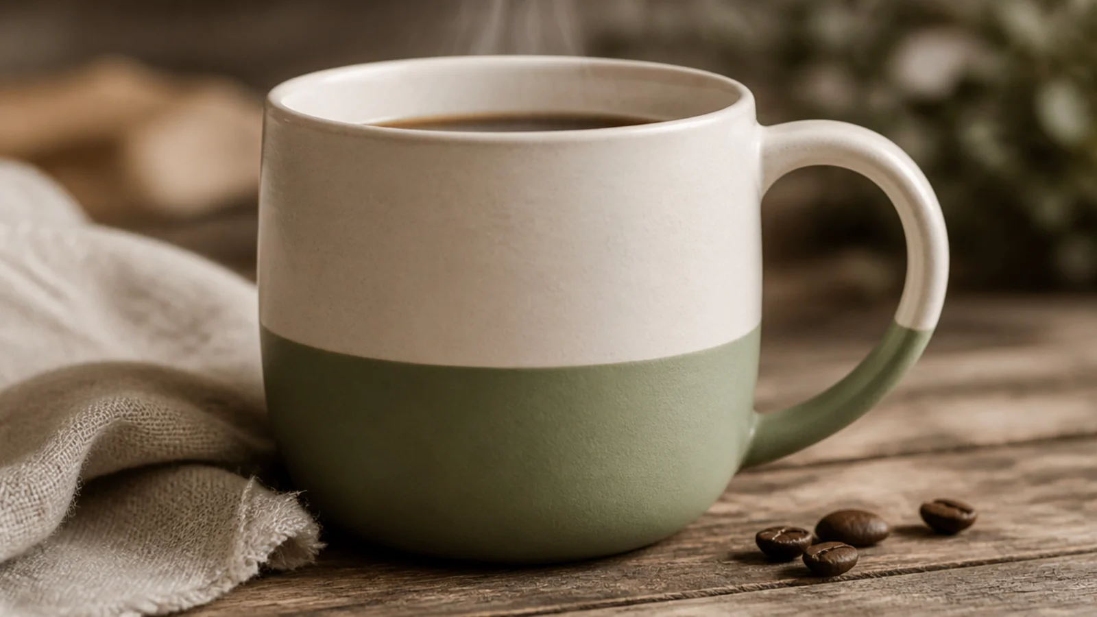 A cream pottery mug with the bottom half dipped in a muted sage green, meeting the cream in one clean line.