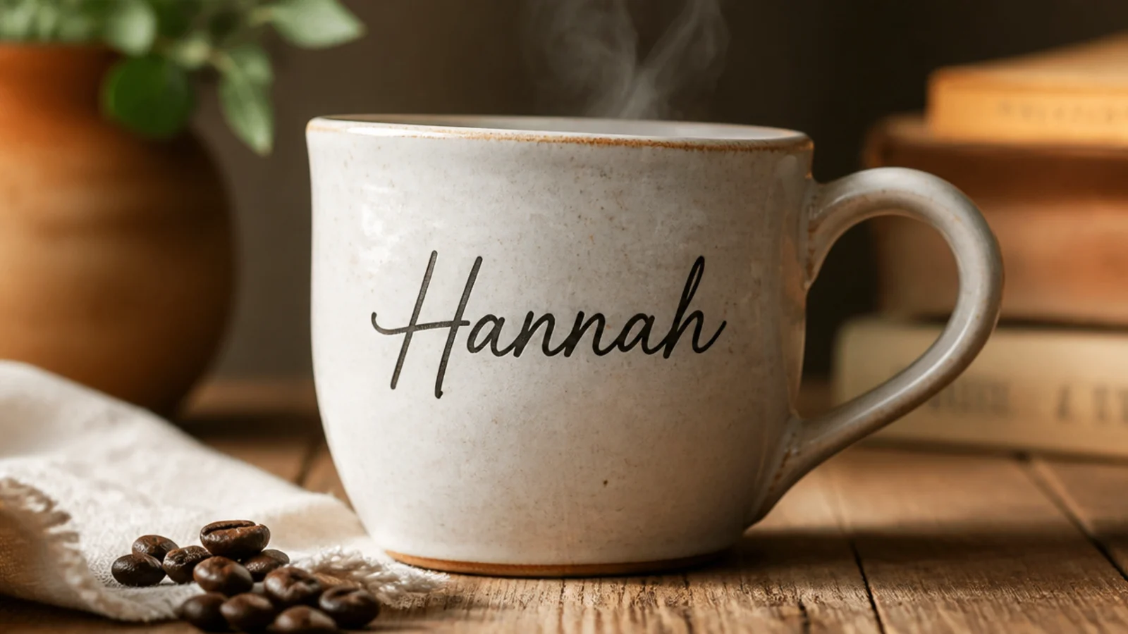 A white pottery mug with a first name in black faux-calligraphy lettering across the front below the rim.