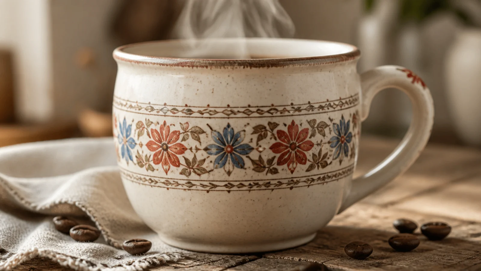 A cream pottery mug with a symmetrical folk band of small red and blue flowers and leaves around the middle.
