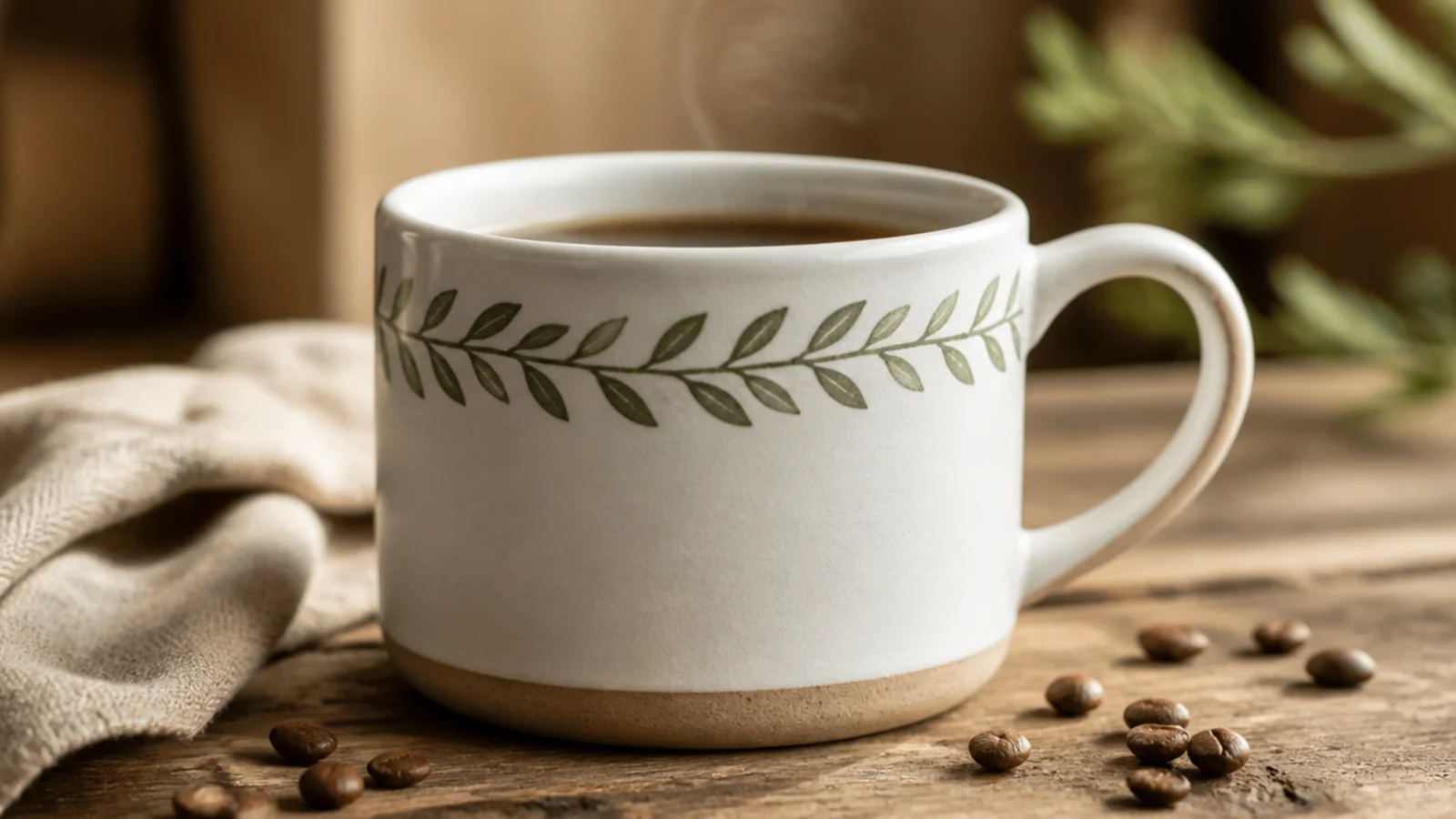 A white pottery mug with a continuous olive-green leafy vine wrapping all the way around below the rim.