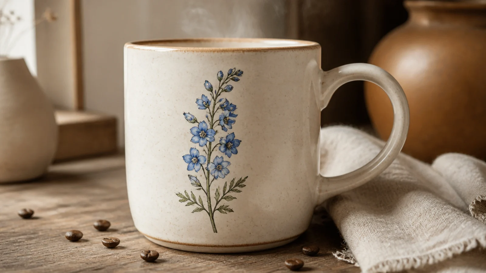 A cream pottery mug with a single stylized birth-flower - a blue larkspur sprig - painted on the front.