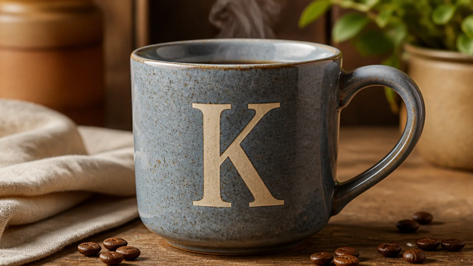 A dusty-blue pottery mug with a single large cream serif initial centered on the front.