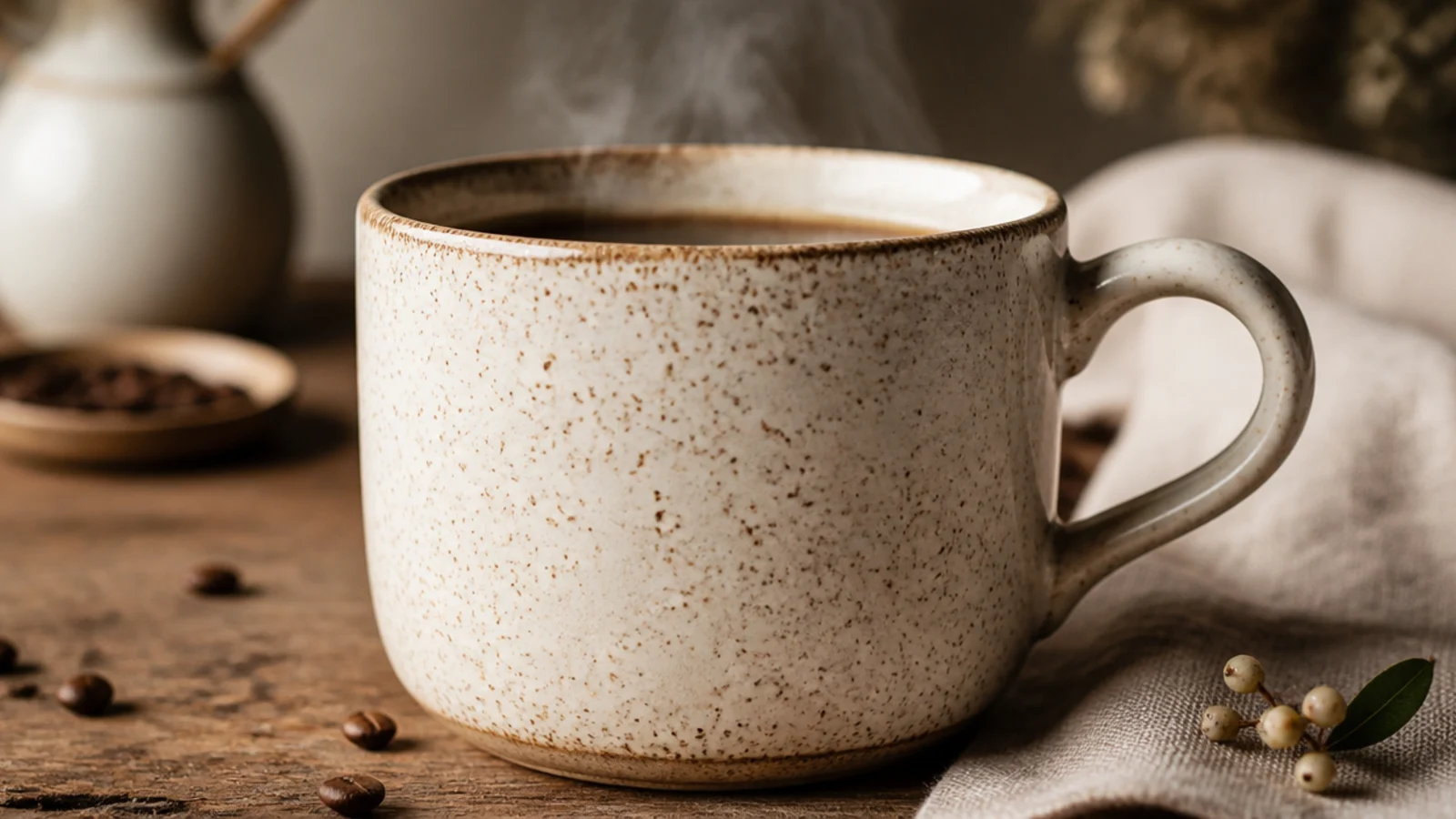 A cream pottery mug covered in fine, evenly scattered warm brown speckles like rustic handmade stoneware.