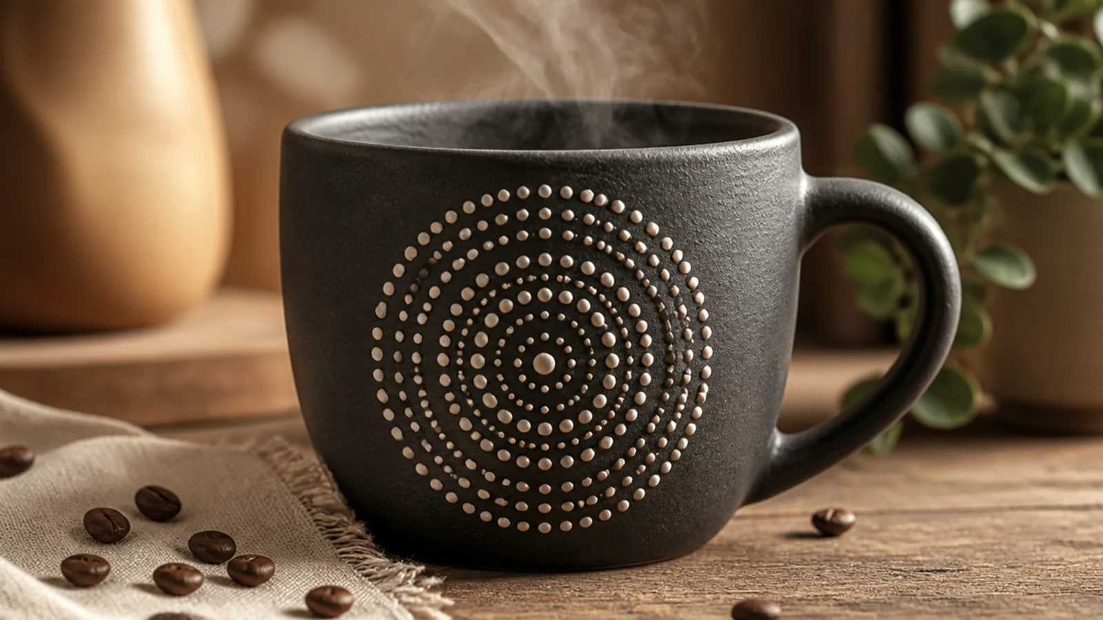 A charcoal pottery mug with a symmetrical white dot-mandala medallion built from concentric rings of dots on the front.