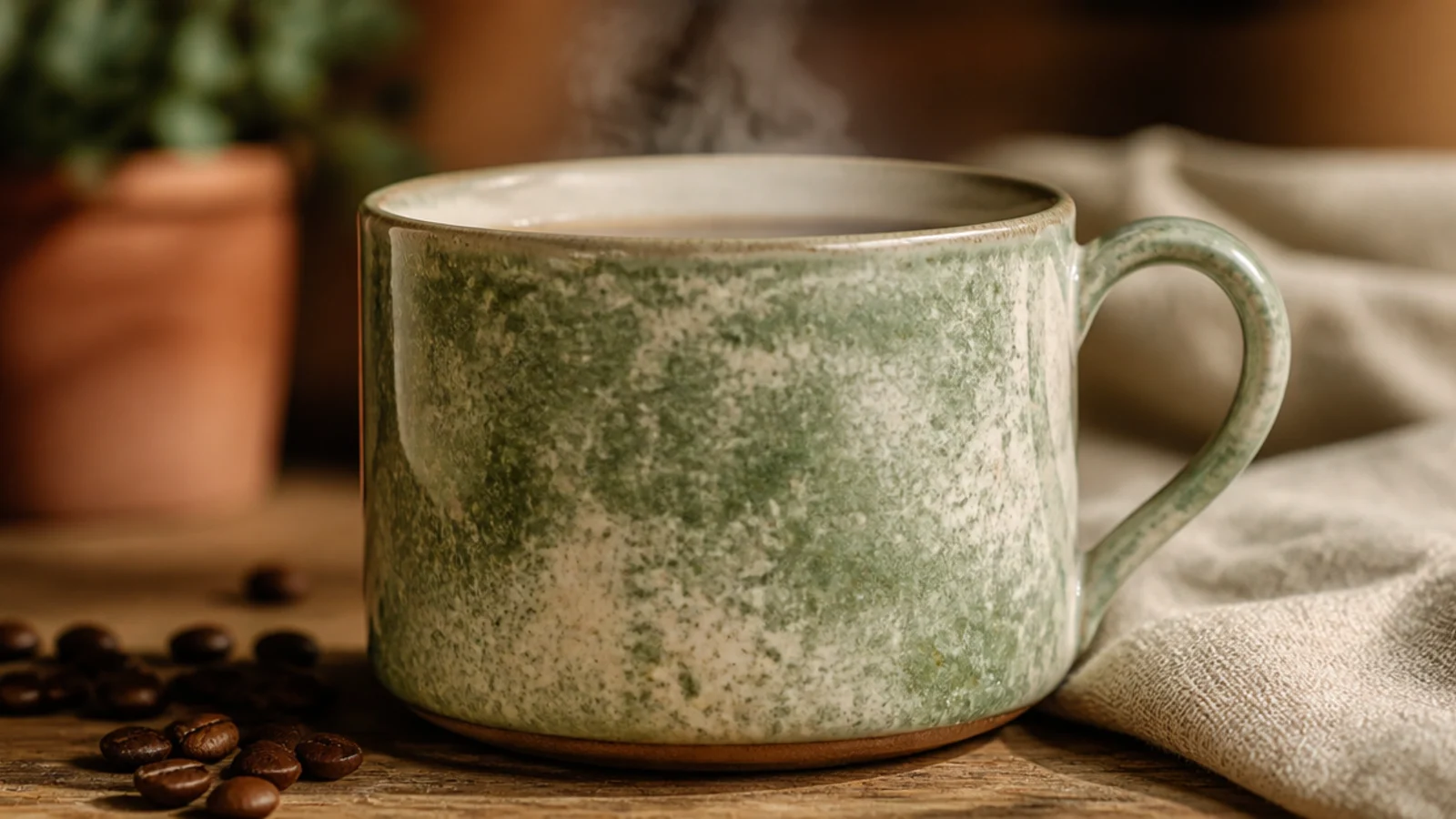 A pottery mug with a soft mottled blend of sage and cream sponged over the surface for an organic glaze look.