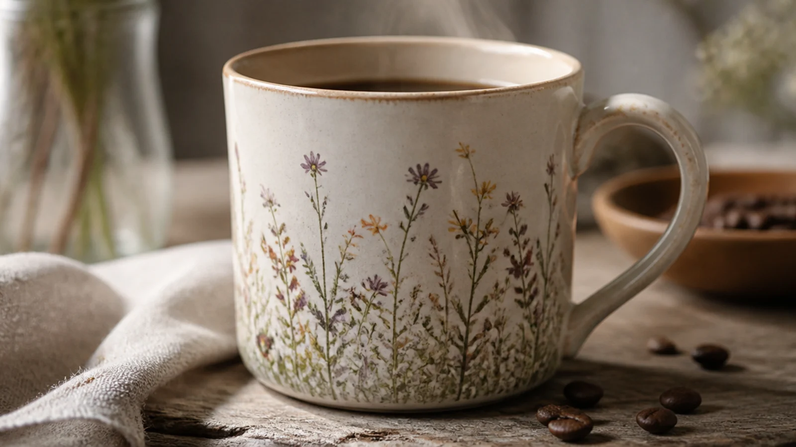 A cream pottery mug with a low meadow of mixed wildflowers - thin stems with tiny colored buds - rising from the base.