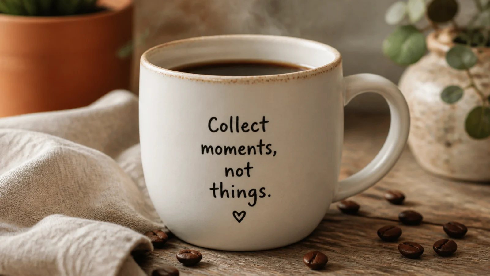A white pottery mug with a short meaningful quote in black hand-lettering stacked across the front.