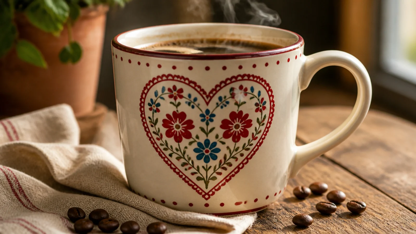 A cream pottery mug with a decorative folk-style heart filled with small flowers and dots in red and blue on the front.