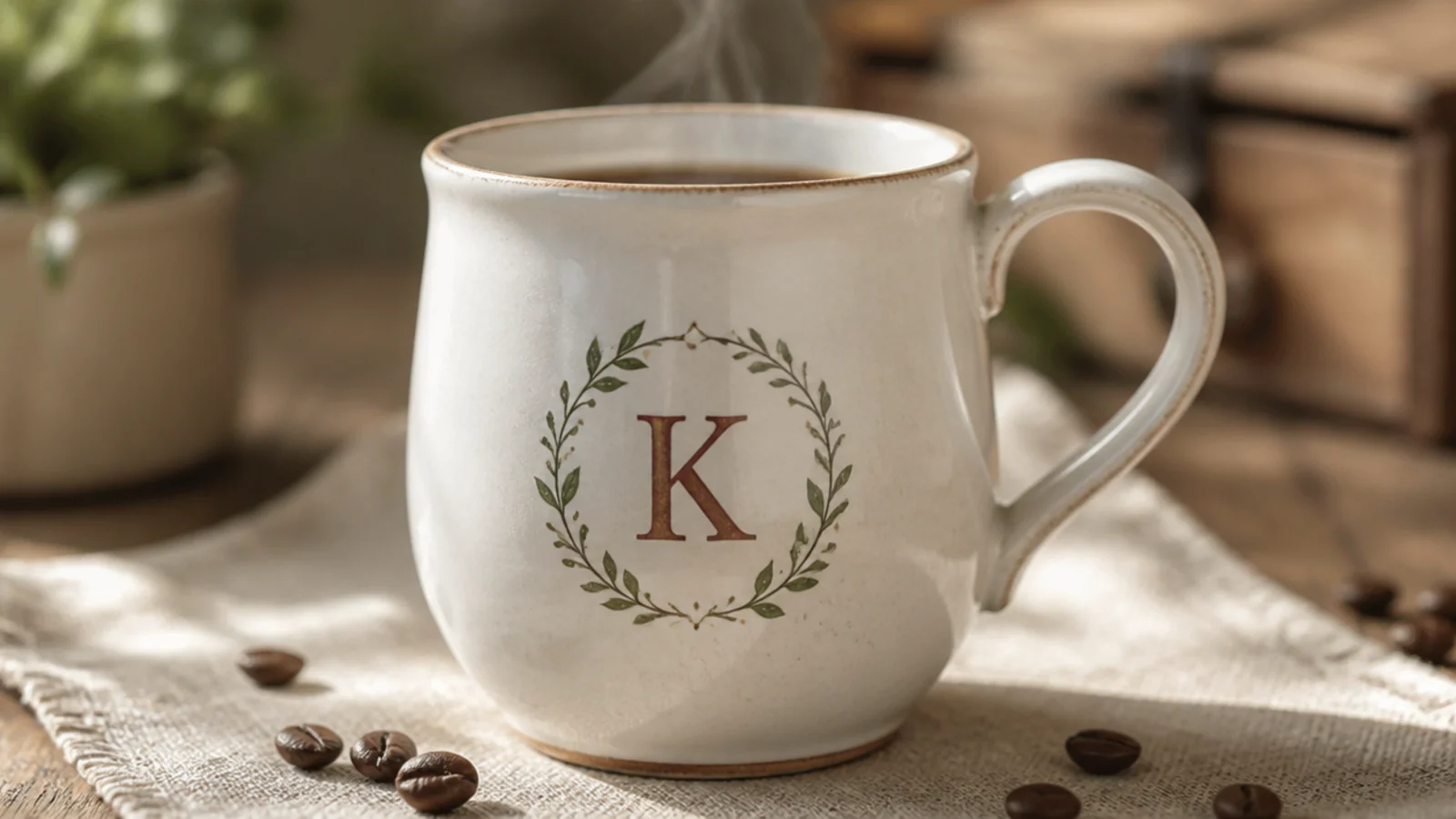A white pottery mug with a small leafy vine wreath encircling a single painted initial on the front.