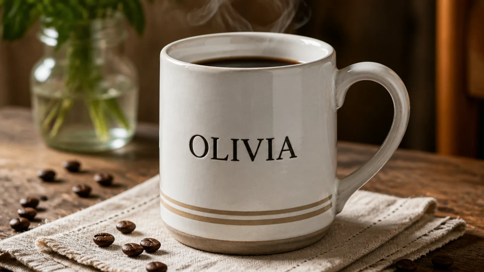 A white pottery mug with a name in black lettering above two thin muted stripes wrapping around the base.