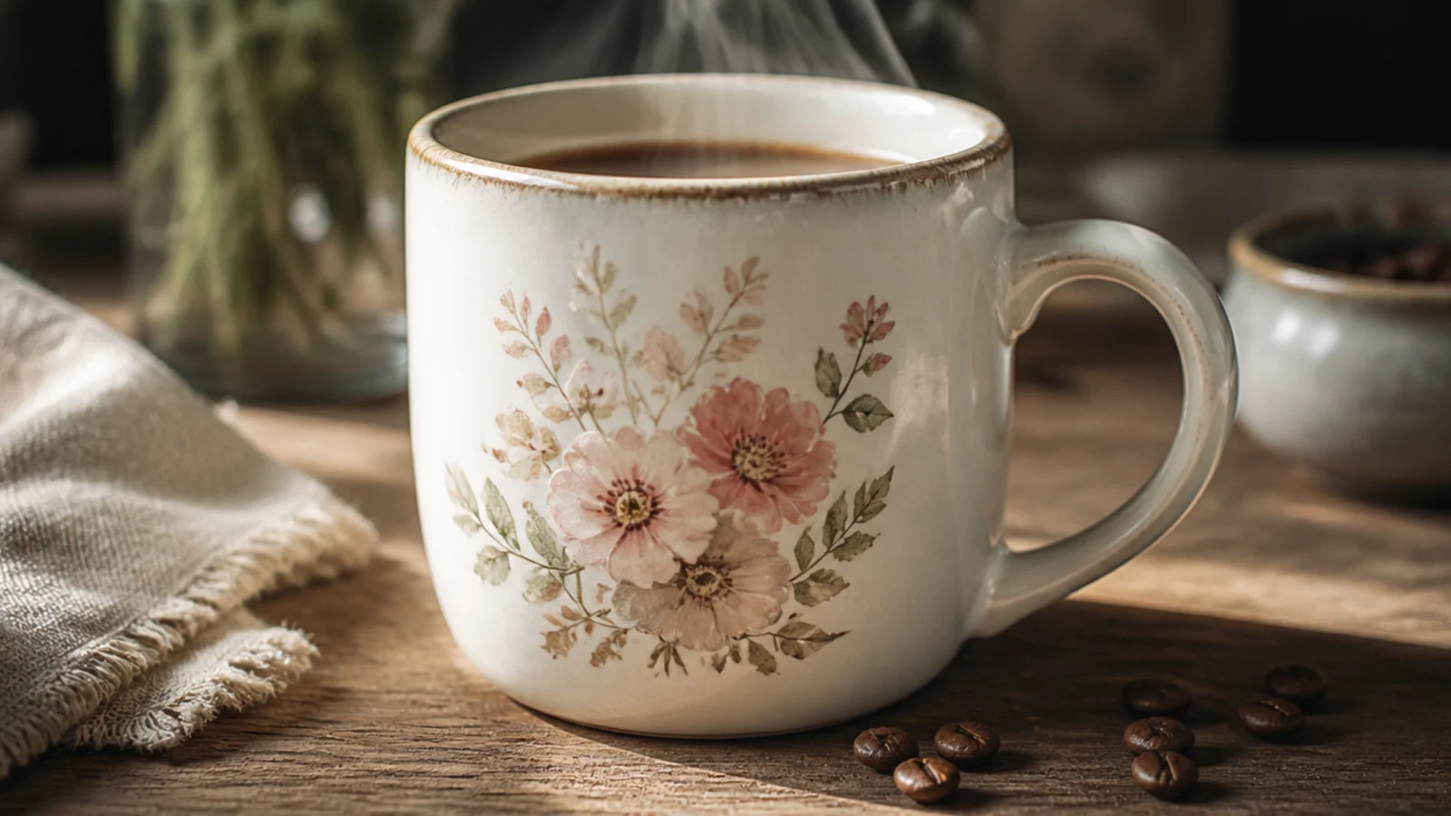 A white pottery mug with a soft, loose watercolor-style floral spray in muted pinks and greens on the front.