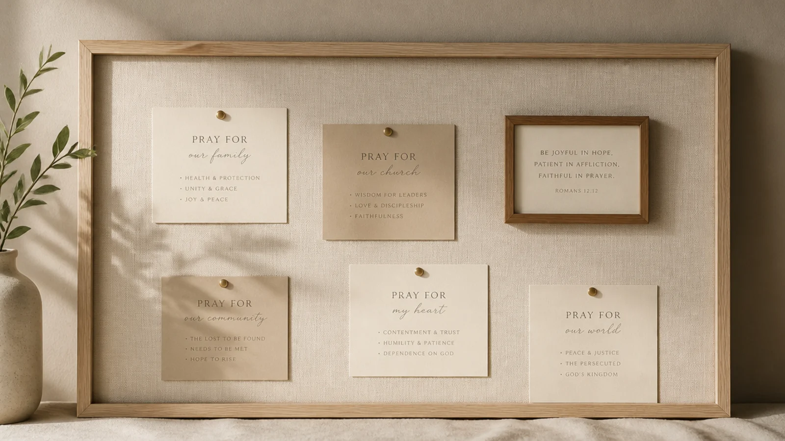 A cream linen board with a few evenly spaced cards in cream and taupe and one small framed verse, lots of open space.