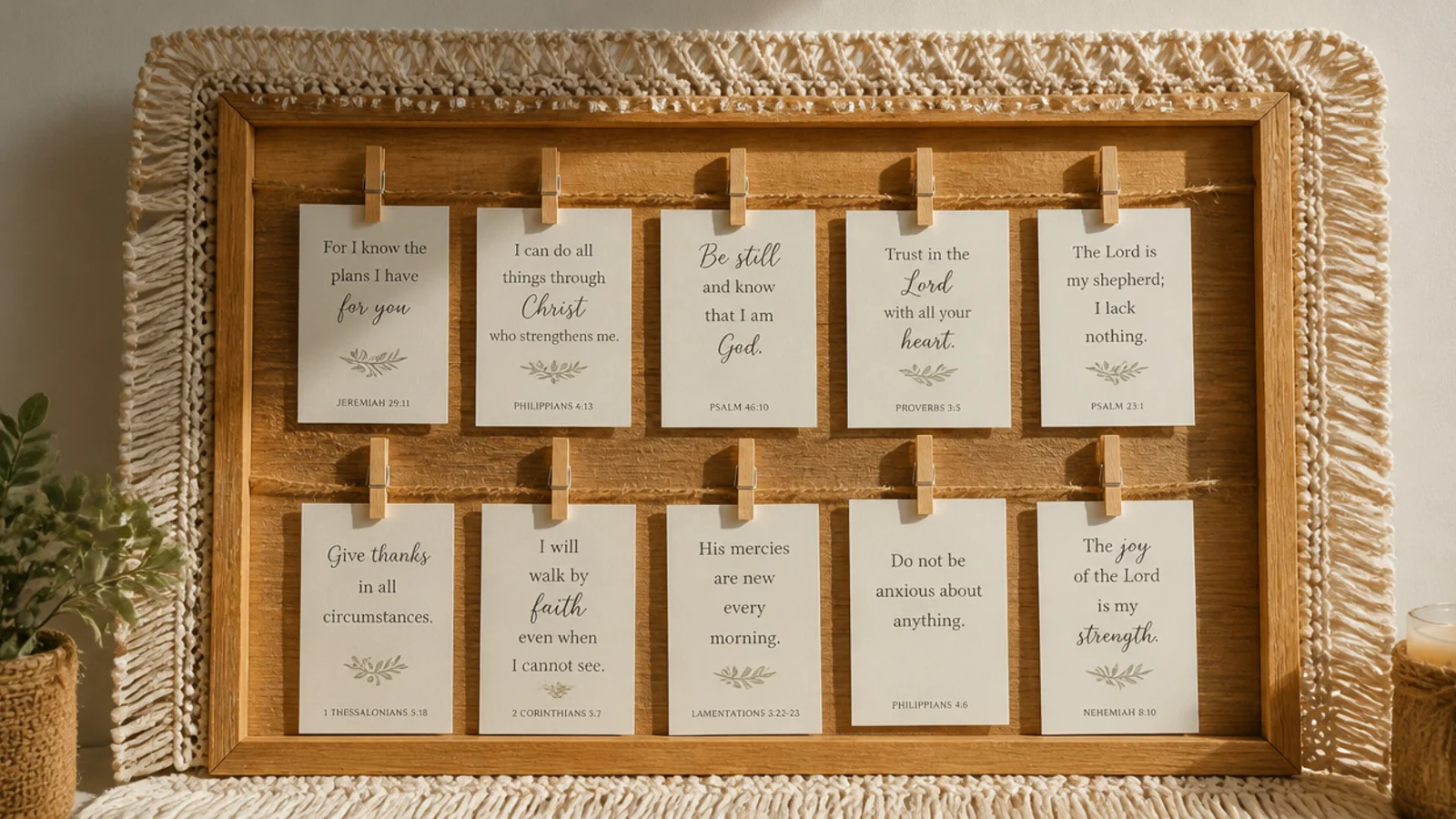 A wooden board framed with macrame fringe and jute, holding scripture cards clipped to hanging strings.