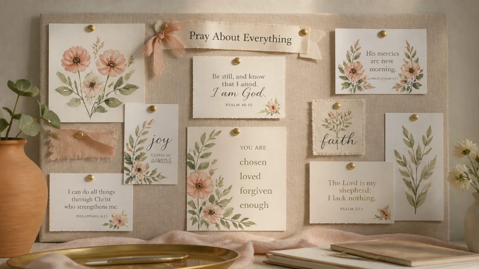 A soft board featuring watercolor floral prints and verse cards in blush, sage, and cream.
