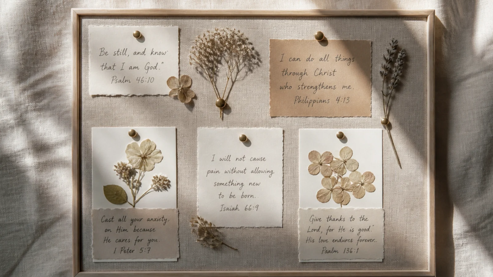 A linen board layered with real pressed flowers and delicate handwritten verse cards in muted tones.
