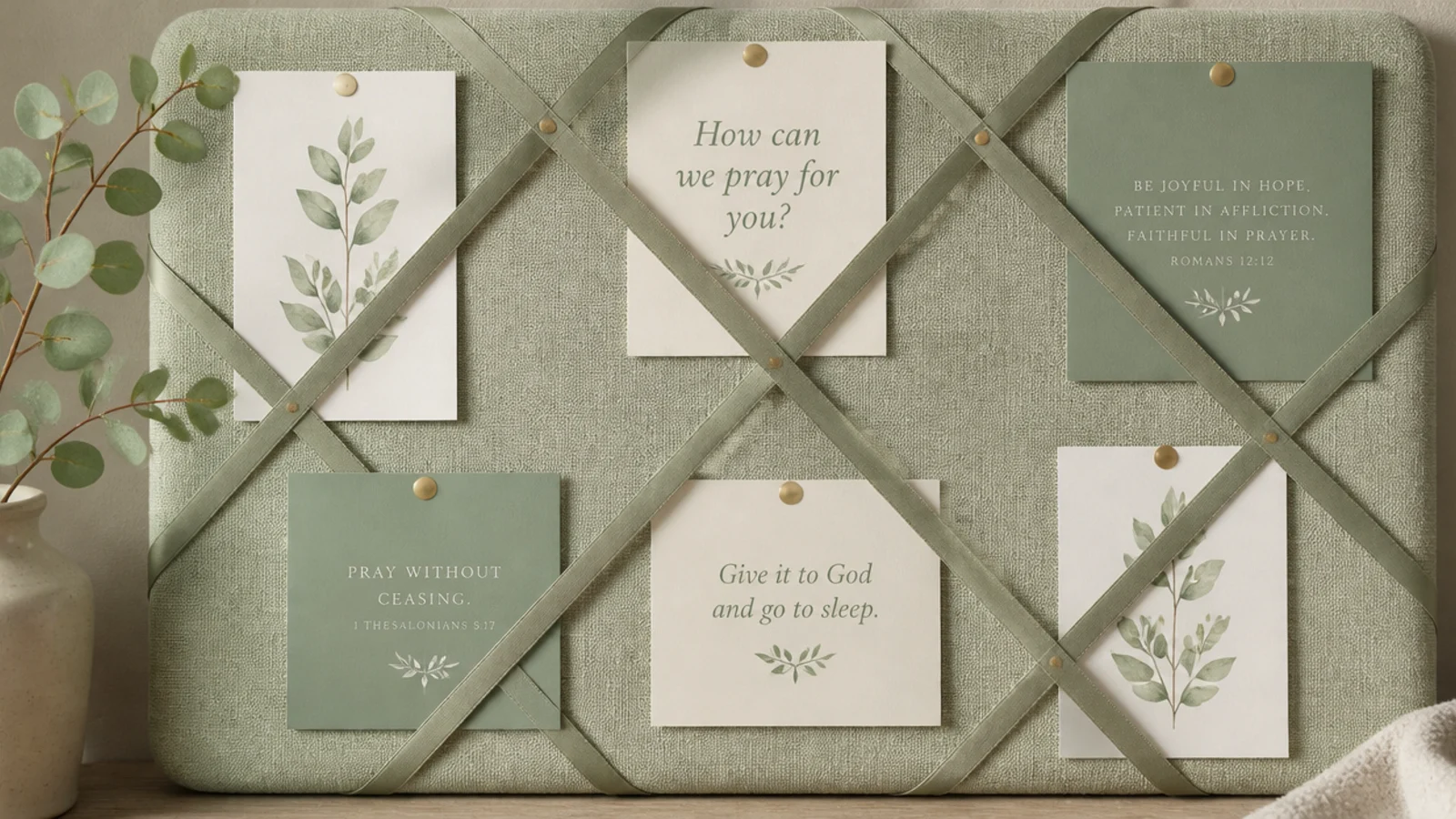 A calm board in strictly sage and cream tones with matching cards, ribbon, and a eucalyptus sprig.