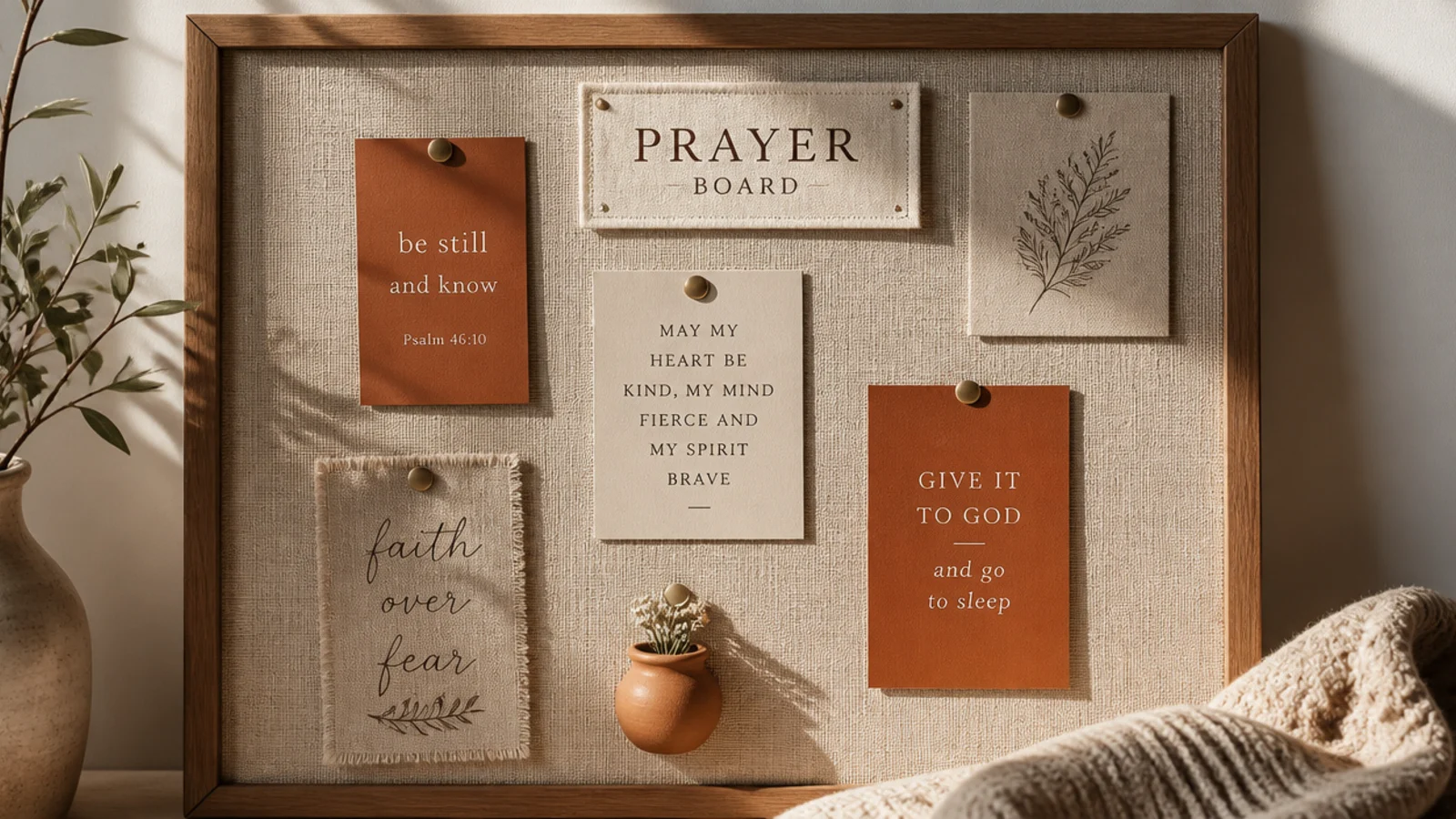 A warm board on natural linen with terracotta and rust cards and a small clay accent.