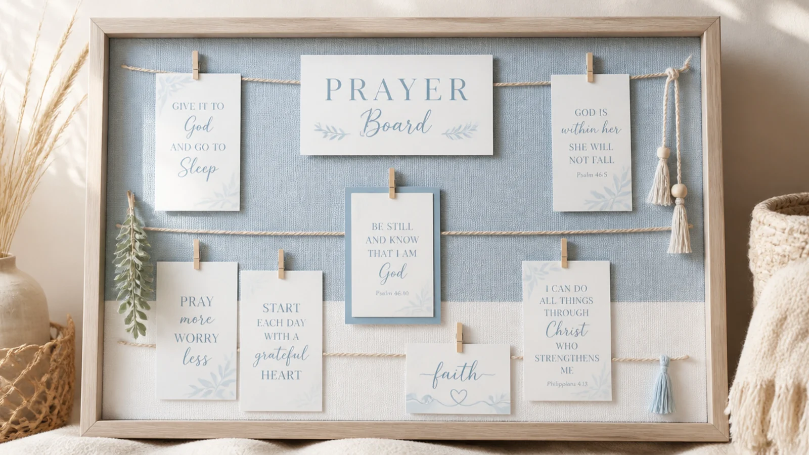 An airy board in dusty blue and white with breezy cards, rope accents, and a light wood frame.