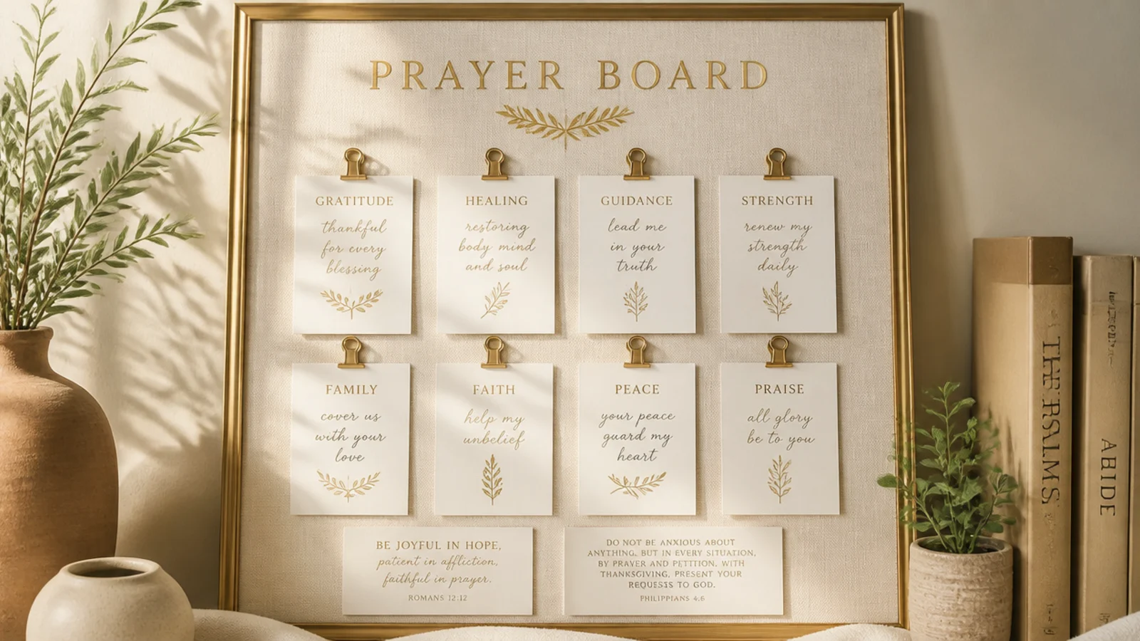 A cream board with thin gold clips, a gold-edged frame, and delicate metallic lettering on verse cards.