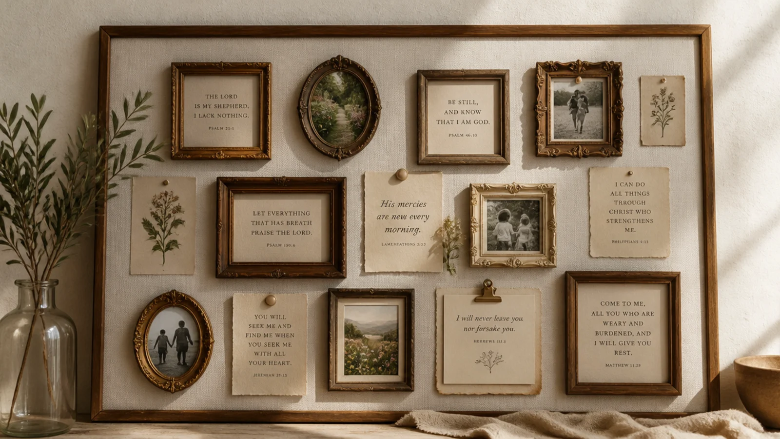 A cluster of small vintage frames holding verses and photos arranged salon-style on a board.