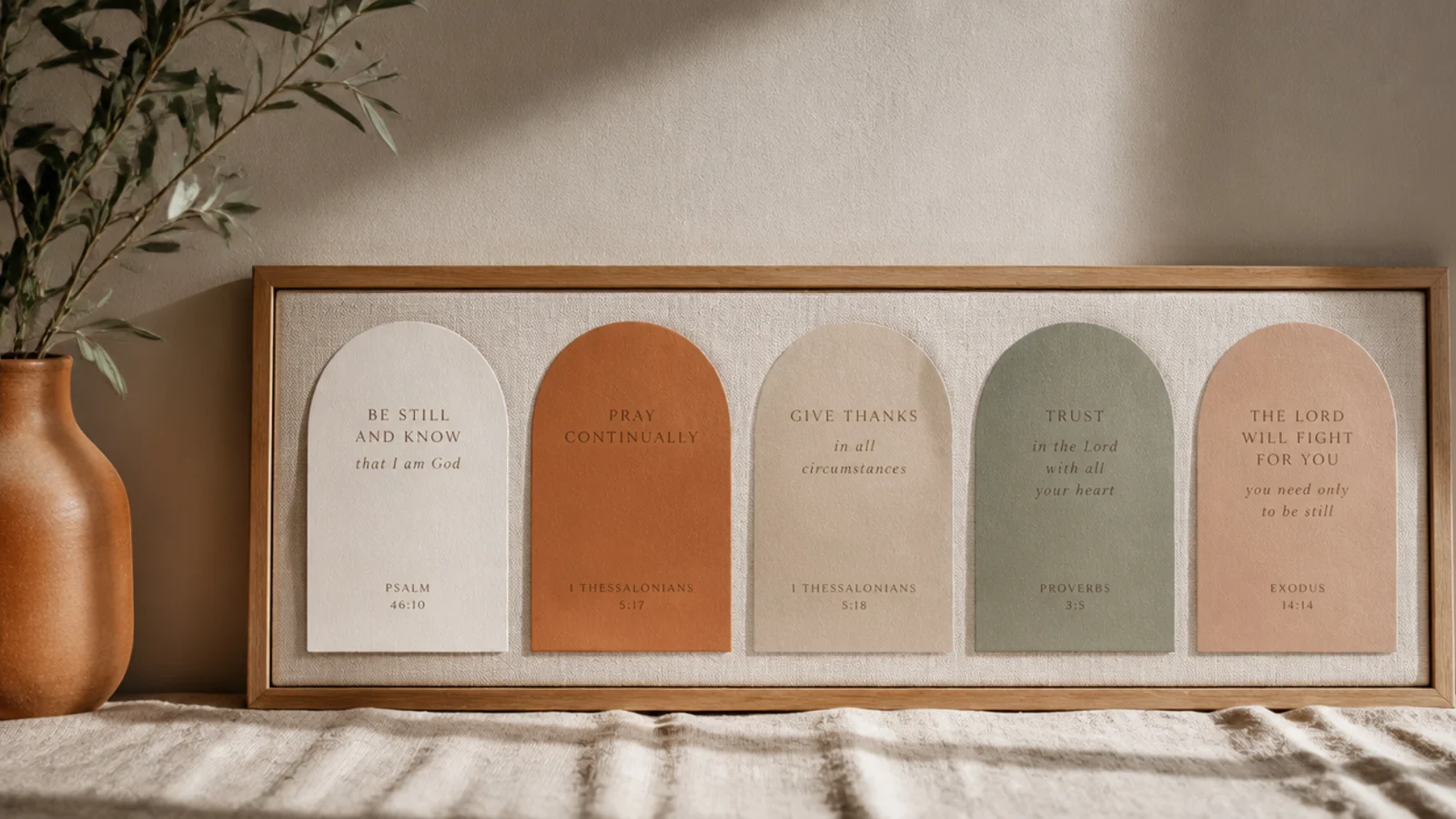 A board with minimalist arch-shaped scripture prints in muted earth tones arranged in a clean row.