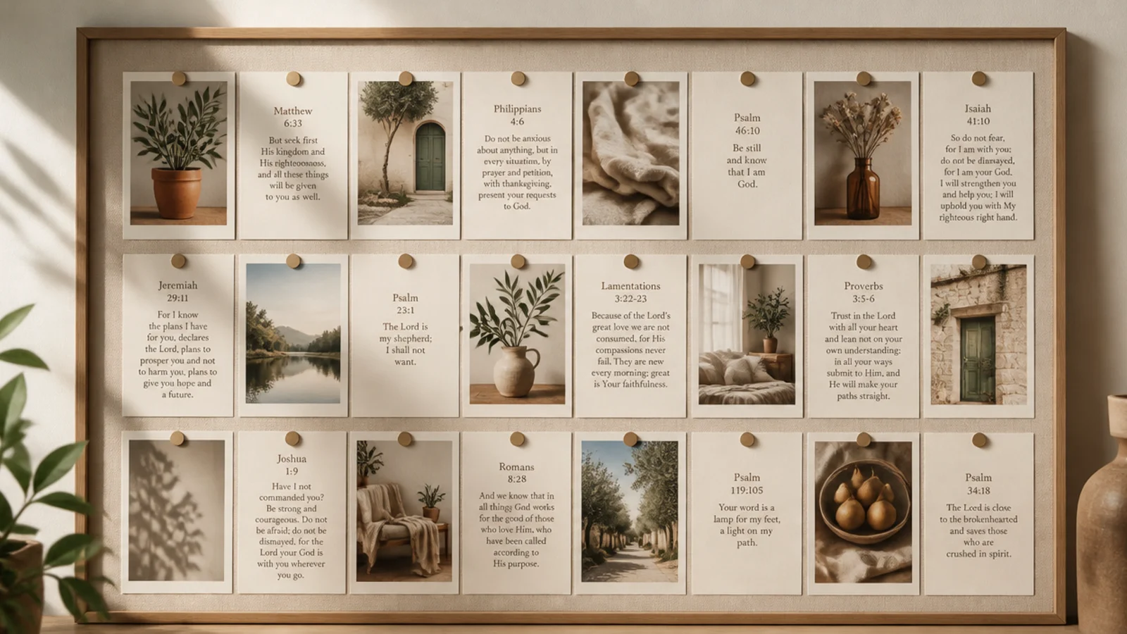 A tidy grid of small matching photos and verse cards aligned in even rows on a board.